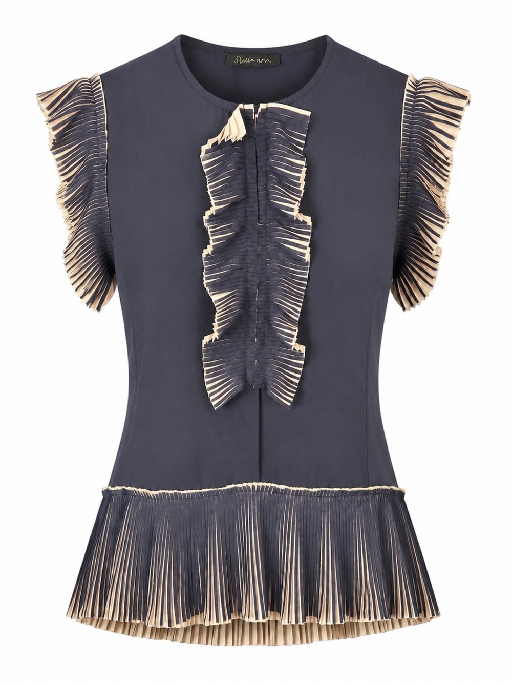 Stella Nova Copenhagen Ruffle Pleated Sleeveless Blouse Navy Cream EU 40 US 8